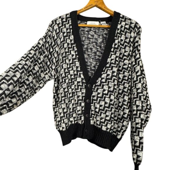 Vintage Black and White Grandpa Cardigan, Oversized Button-Up Knit Sweater, Soft - Picture 2 of 5
